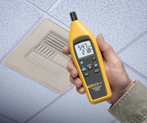 Top Dollar Digital Dual Panel Temperature Humidity Meter With No Sweat Dew Point Tracking And Snappy Capacitance Sensor Plus Tough 99 Log Memory Belt Clip Holster Kit For Fast Job Site Calibration Checks
