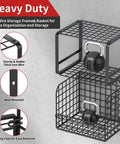 Heavy Duty Garage Shelving Set With Wire Baskets wall mounted showing black metal racks with kettlebells for storage