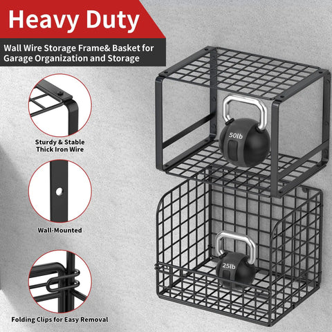 Heavy Duty Garage Shelving Set With Wire Baskets wall mounted showing black metal racks with kettlebells for storage