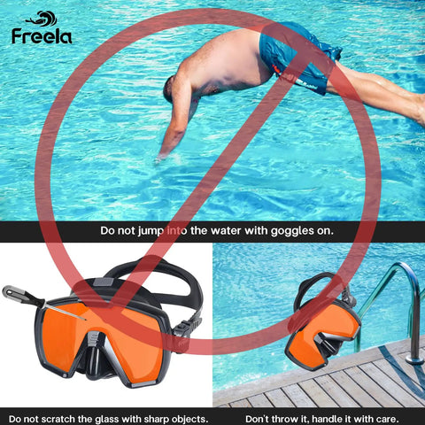 Warning image showing man diving with a red cross, emphasizing safety with Adult Snorkel Diving Mask With Nose Cover For Men Women Teens.