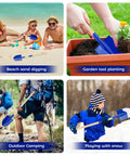 Collage of two pack beach shovels for kids with 27.2 inch wood handle metal spade detachable shovels, showing diverse uses.