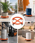 55 Gallon Drum Dolly Non Tipping Heavy Duty Move With Powder Coated Steel Frame, Rust Resistant Build, 0.13 Inch Cross Braces For Stability, Supports Up To 1,000 Lbs And Smooth Rolling Mobility. Orange drum dolly with casters under drums and bins.