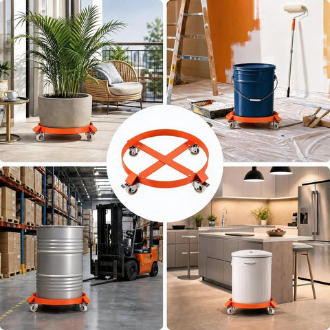 55 Gallon Drum Dolly Non Tipping Heavy Duty Move With Powder Coated Steel Frame, Rust Resistant Build, 0.13 Inch Cross Braces For Stability, Supports Up To 1,000 Lbs And Smooth Rolling Mobility. Orange drum dolly with casters under drums and bins.