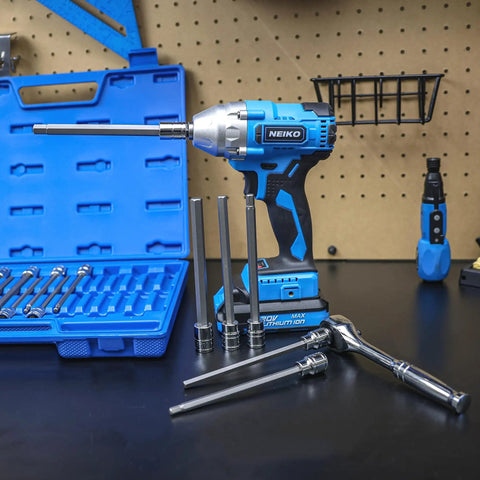 Extra Long Hex Bit Socket Set For Three Eighths Inch Drive, Thirty Two Piece SAE And Metric Allen Bits with tools on workbench