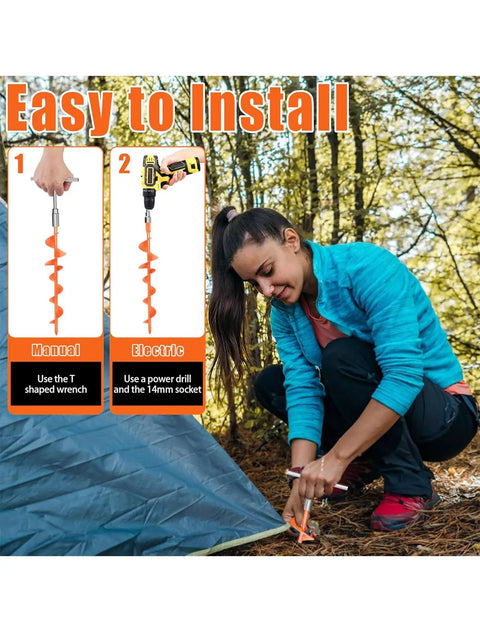 Woman using T-handle to install 15 Inch Ground Anchors Screw In Stakes 6 Pack Beefy Heavy Duty Spiral Trampoline And Swing Set Stakes.