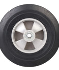 Two Pack Flat Free Ten Inch Solid Rubber Tires And Wheel Set For Hand Trucks Dollies And Wheelbarrows Five Eighths Inch Axles Two And A Quarter Inch Offset Hub Fits Ten Inch Tires On Four Inch Rims No Flats Replacement Wheels, front view of tire and rim