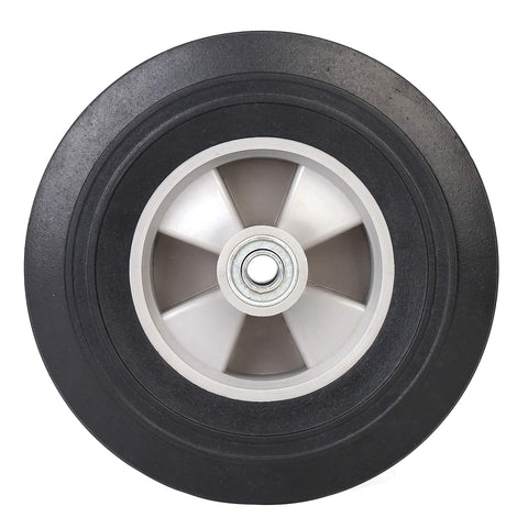 Two Pack Flat Free Ten Inch Solid Rubber Tires And Wheel Set For Hand Trucks Dollies And Wheelbarrows Five Eighths Inch Axles Two And A Quarter Inch Offset Hub Fits Ten Inch Tires On Four Inch Rims No Flats Replacement Wheels, front view of tire and rim