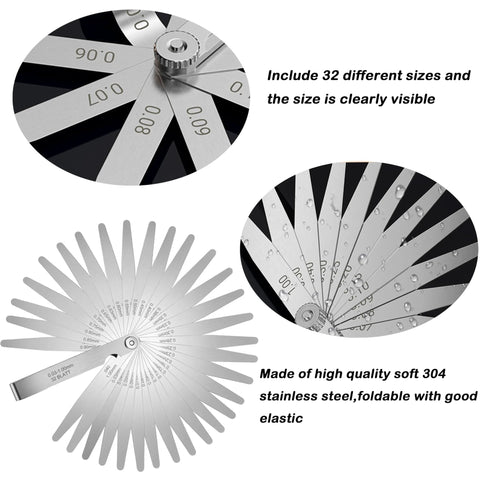 ZHQZZPH 32-blade stainless steel feeler gauge set with metric and imperial for spark plug and valve adjustment.