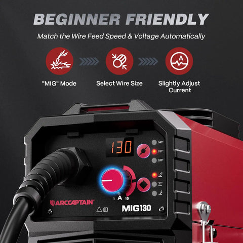 130 Amp MIG Welder With Flux Core, Lift TIG And Stick 3 In 1 Portable Inverter Gasless Welder control panel close-up