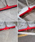 Floor Squeegee Scrubber with Adjustable Detachable Stainless Steel Handle Workhorse Heavy Duty Household Broom shown cleaning various surfaces