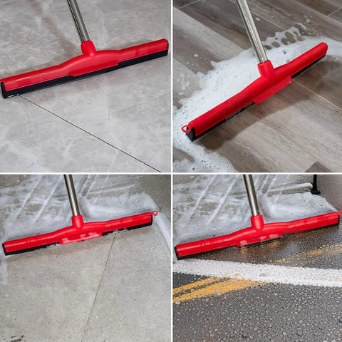 Floor Squeegee Scrubber with Adjustable Detachable Stainless Steel Handle Workhorse Heavy Duty Household Broom shown cleaning various surfaces
