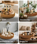 Go To 12 Inch Rattan Lazy Susan Organizer Rotating Serving Tray With Handles displayed with spices, skincare, and decor.