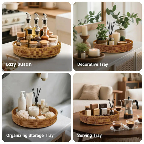 Go To 12 Inch Rattan Lazy Susan Organizer Rotating Serving Tray With Handles displayed with spices, skincare, and decor.