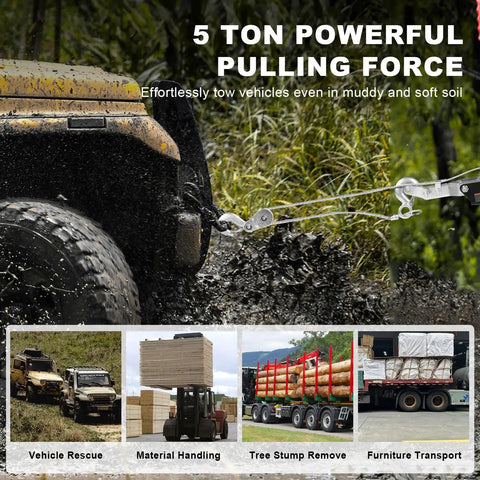 5 Ton Come Along Winch With 10 Ft Cable Dual Gear Hand Puller Beefy Heavy Duty Winch 3 Hooks towing vehicle in mud