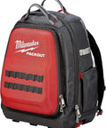 Jobsite Backpack With 15 Inch Capacity And 48 Pockets Heavy Duty Tool Carrier In Black Durable Construction Gear Organizer, side view.