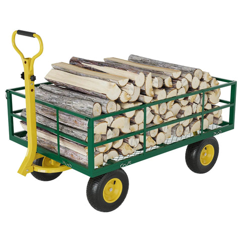 22 Cu Ft Steel Tow Behind Dump Cart for ATVs and UTVs loaded with firewood, featuring yellow handle and wheels, durable frame