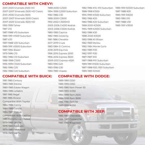 Vehicle compatibility list for Fuel Cap Replacement For Ford Chevy Toyota Dodge Jeep GMC Buick Cadillac Lincoln Mercury Oldsmobile Pontiac Volvo F250 F350 F450 F550 Express Suburban 10830D 10830 10591D 10591 Durable Gas Cap Easy Install.