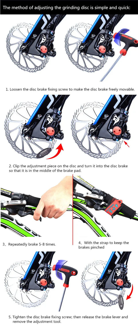 Step-by-step guide to adjust SRAM Avid Elixir disc brake with included tool, showing placement and tool usage for optimal braking.
