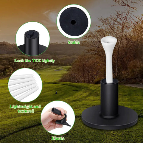Rubber Golf Tees Set With Holders, Five Height Sizes 1.5, 2.3, 2.7, 3.1, 3.5 Inches, shown on a practice green