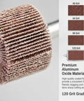 Close-up of a 10 Pack 1 3 Eighth Inch Flap Wheel Sander 80 Grit For Drill Aluminum Oxide, with grit chart and description.