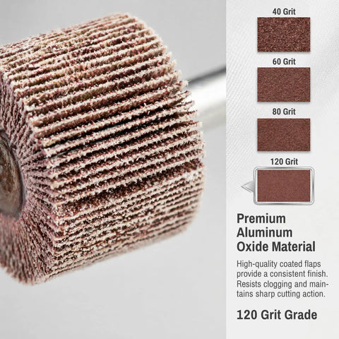 Close-up of a 10 Pack 1 3 Eighth Inch Flap Wheel Sander 80 Grit For Drill Aluminum Oxide, with grit chart and description.