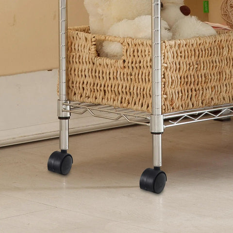 Close-up of 2 Pack Black Stem Caster Wheels Replacement For Laundry Racks And Under Bed Storage attached to metal shelf.