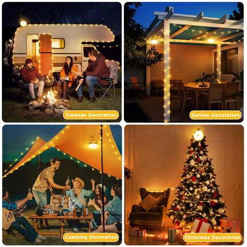 Retractable 33ft Solar Camping String Lights 4 In 1 Lantern With 8 Modes decorating caravan, garden, tent, and Christmas tree.