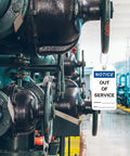 Out Of Service Notice Tags Kit With 30 White 5.5 By 3 Inch Signs In 32 Mil Vinyl Material And 30 Heavy Duty Cable Ties on machinery
