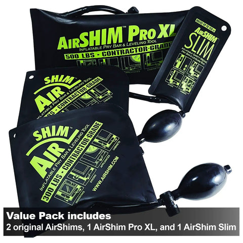 AirShim 4 Piece Inflatable Pry Bar Set with 2 AirShims, AirShim Pro XL, AirShim Slim for leveling and lifting in tight spaces