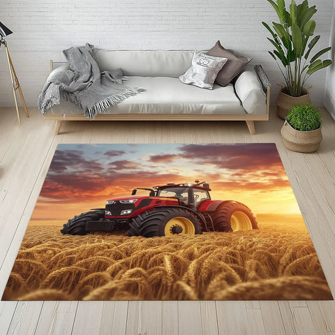 Tractor Farm Gear Area Rug 8x10 Feet Non Slip Low Pile Machine Washable Carpet For Living Room Bedroom Nursery Dining Room Home Office Sunset Wheat Field Design, featuring a tractor on a wheat field in sunset.