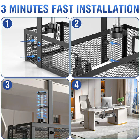 Under Desk Cable Tray With No Drill Installation, showing easy setup and use in a modern office, enhances wire management and desk protection.