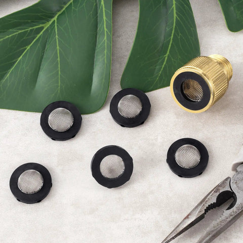 Eight Pack Stainless Steel Hose Filter Washers With Screen Strainer For Three Quarter Inch Garden Hose Connectors And Five Eighths Inch Washing Machine Inlets Durable Rubber Seals Quick Fit with brass connector on table