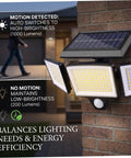 Hotainoys Solar Motion Sensor Outdoor Lights, 3-Head 208led Solar Flood Lights Outdoor Waterproof for Patio Backyard, Gray, Security mounted on wall with solar panel.