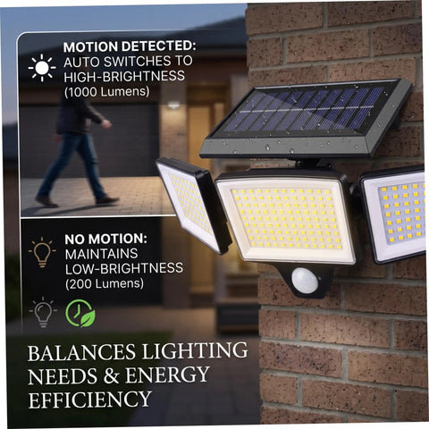 Hotainoys Solar Motion Sensor Outdoor Lights, 3-Head 208led Solar Flood Lights Outdoor Waterproof for Patio Backyard, Gray, Security mounted on wall with solar panel.