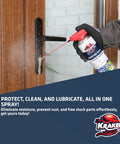 Multi Use Spray Two Pack 11 Oz Dope Penetrating Oil Lubricant For Home And Automotive Corrosion Inhibitor Breaks Through Rust And Frees Stuck Bolts Nuts And Cables No Residue 360 Degree Nozzle For Easy All Around Use On Garage Doors spray being applied to a door lock handle.