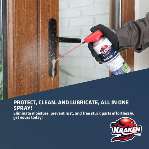 Multi Use Spray Two Pack 11 Oz Dope Penetrating Oil Lubricant For Home And Automotive Corrosion Inhibitor Breaks Through Rust And Frees Stuck Bolts Nuts And Cables No Residue 360 Degree Nozzle For Easy All Around Use On Garage Doors spray being applied to a door lock handle.