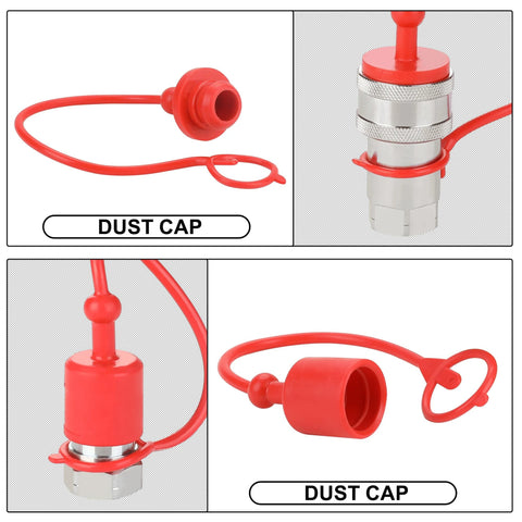 ANCIMOON 1/2'' ISO 5675 poppet hydraulic quick-connect coupler with red dust cap; front and side views.
