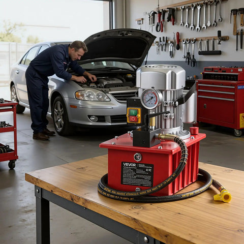 Electric Hydraulic Pump 750W 10000 PSI Heavy Duty Power Pack 120V Single Acting Hydraulic Unit With Manual Valve on workbench.