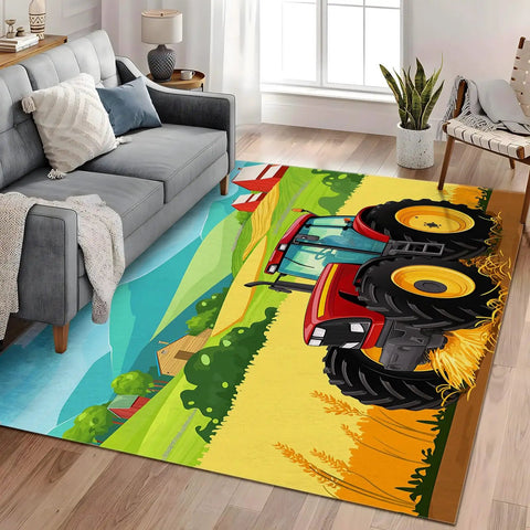 Living room with 6x9 Ft Cartoon Tractor Farm Rug That Is Machine Washable And Non Slip Low Pile Stain Resistant Area Rug