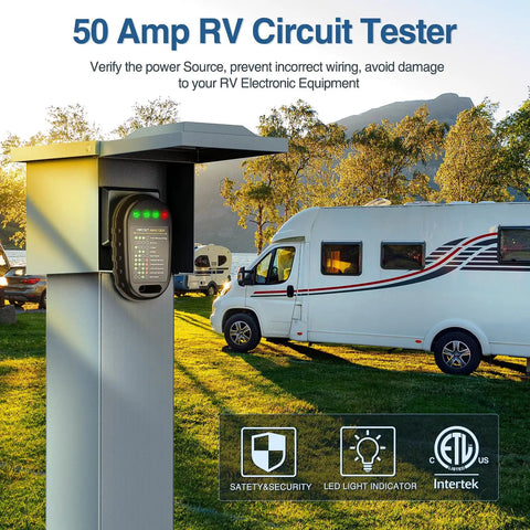 50 Amp RV Circuit Tester With LED Indicator Light, NEMA 14 50P Plug, 125V 6250W Power Check, Verifies Source And Prevents Miswiring, Durable Flame Retardant Shell, Great For Travel And Campsites, mounted on RV pedestal