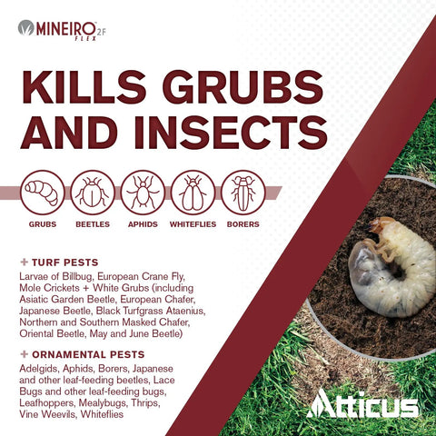 Mineiro 2F Flex Systemic Insecticide With Imidacloprid For Grub Busting And Insect Control In Lawns And Landscapes, 1 Gallon, Long Lasting Preventive Pest Protection packaging with images of pests it targets.