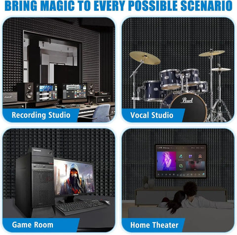 Pyramid Designed Acoustic Foam Panels 4 Pack 48 x 24 x 2 Inches Black High Density Soundproof Studio Foam For Walls Echo Reduction And Reverberation Control Fire Resistant And Ideal For Home Office And Spa in recording studio, vocal studio, game room, and home theater settings.