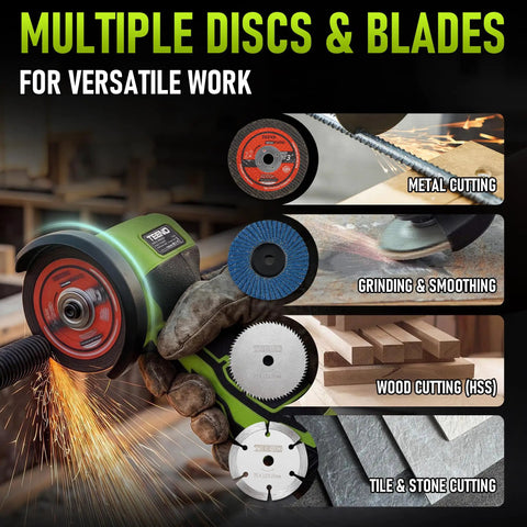 Badass 3 inch Cordless Angle Grinder 16.8V Beast Pulses 19500 RPM for varied cutting and grinding tasks with multiple discs.