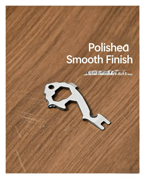 Polished Stainless Steel Keychain Tool Pocket Multi Tool 6 Pack with Bottle Opener and Hex Wrench, compact gadget on wood