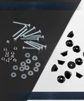 Pro Level Round Furniture Glide Feet Kit With Every Screw And Nut You Need Black Plastic Bottom Runners, assorted screws and washers.