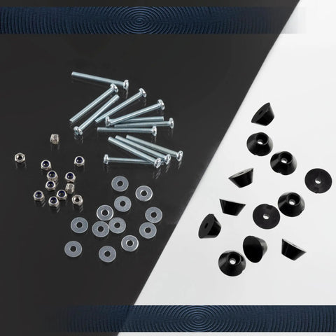Pro Level Round Furniture Glide Feet Kit With Every Screw And Nut You Need Black Plastic Bottom Runners, assorted screws and washers.