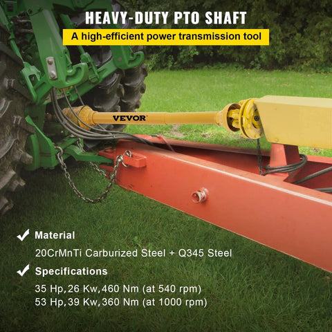 Badass Heavy Duty Series Four PTO Shaft 1-3/8 Inch Six Spline Both Ends with yellow connector on farm tractor implement.