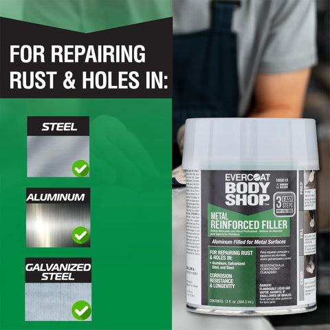 Metal Reinforced Filler For Aluminum And Galvanized Steel Repairs To Stop Rust And Fill Holes, 13 Fl Oz can with hardener