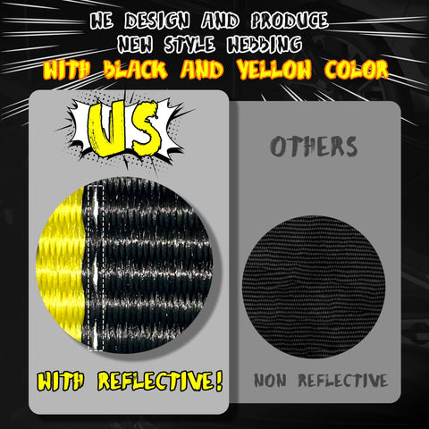 Close-up of Reflective 2 Inch By 10 Foot Car Tie Down Straps 4 Pack with J Hooks, showing black and yellow reflective threads.