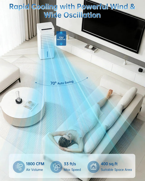 Portable Evaporative Air Cooler With Remote Control, Windowless Cooling Unit That Blows Cold Air, white unit in living room